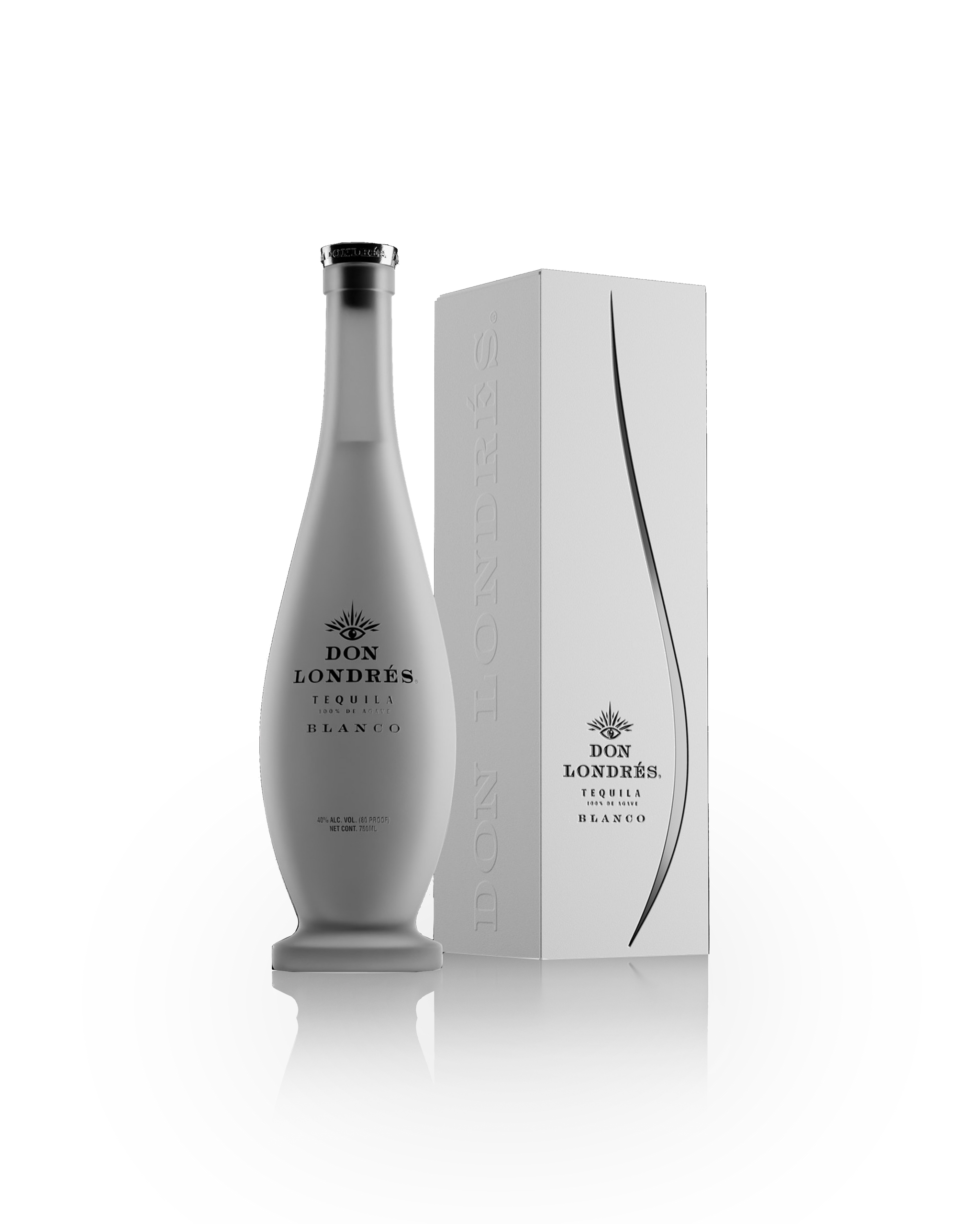 A sleek, frosted glass bottle of Don Londrés Tequila Blanco—crafted from 100% agave—stands next to its matching white box, both featuring elegant black text and minimalist design on a plain black background.